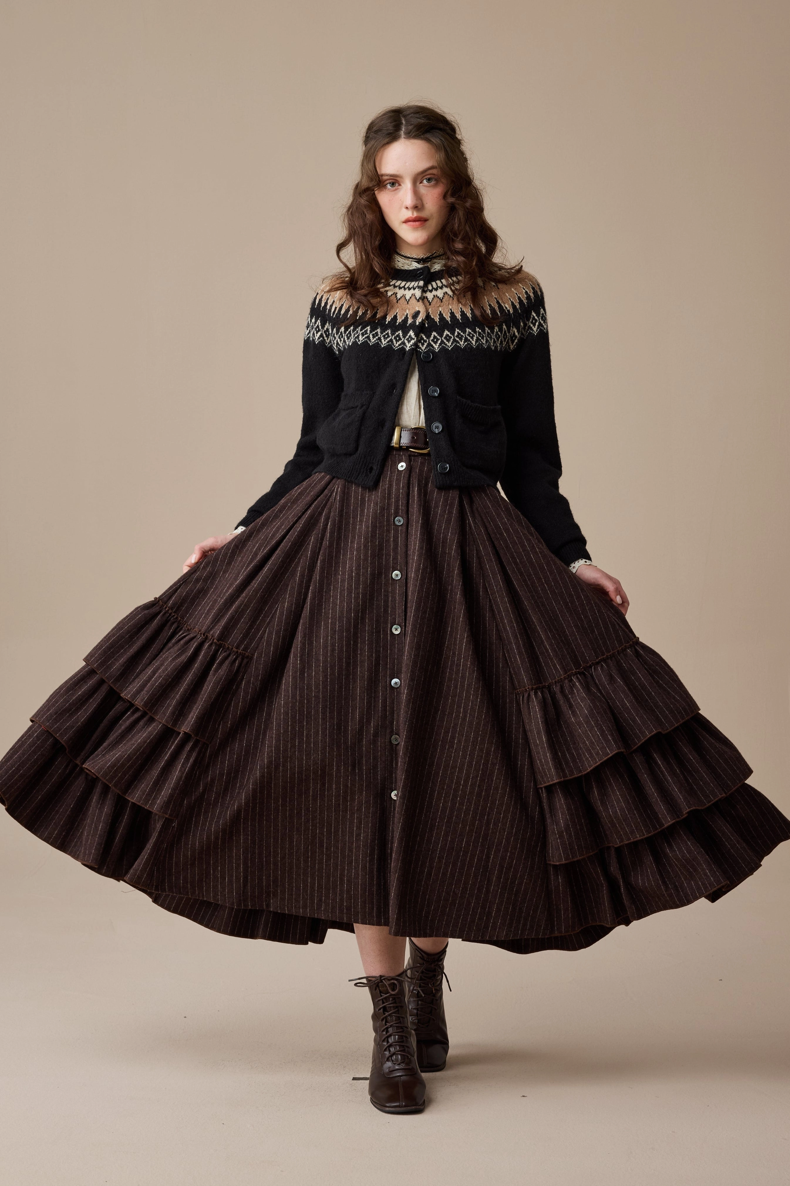 Kaite 18 |ruffled maxi wool skirt Fleece Pullover AntiStaticLining
