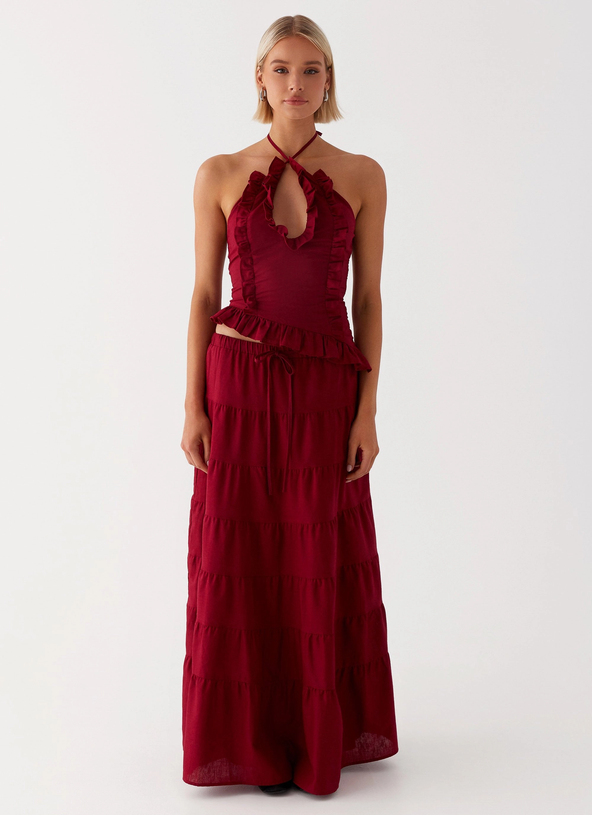 Mariella Linen Maxi Skirt - Maroon Pocket Placement