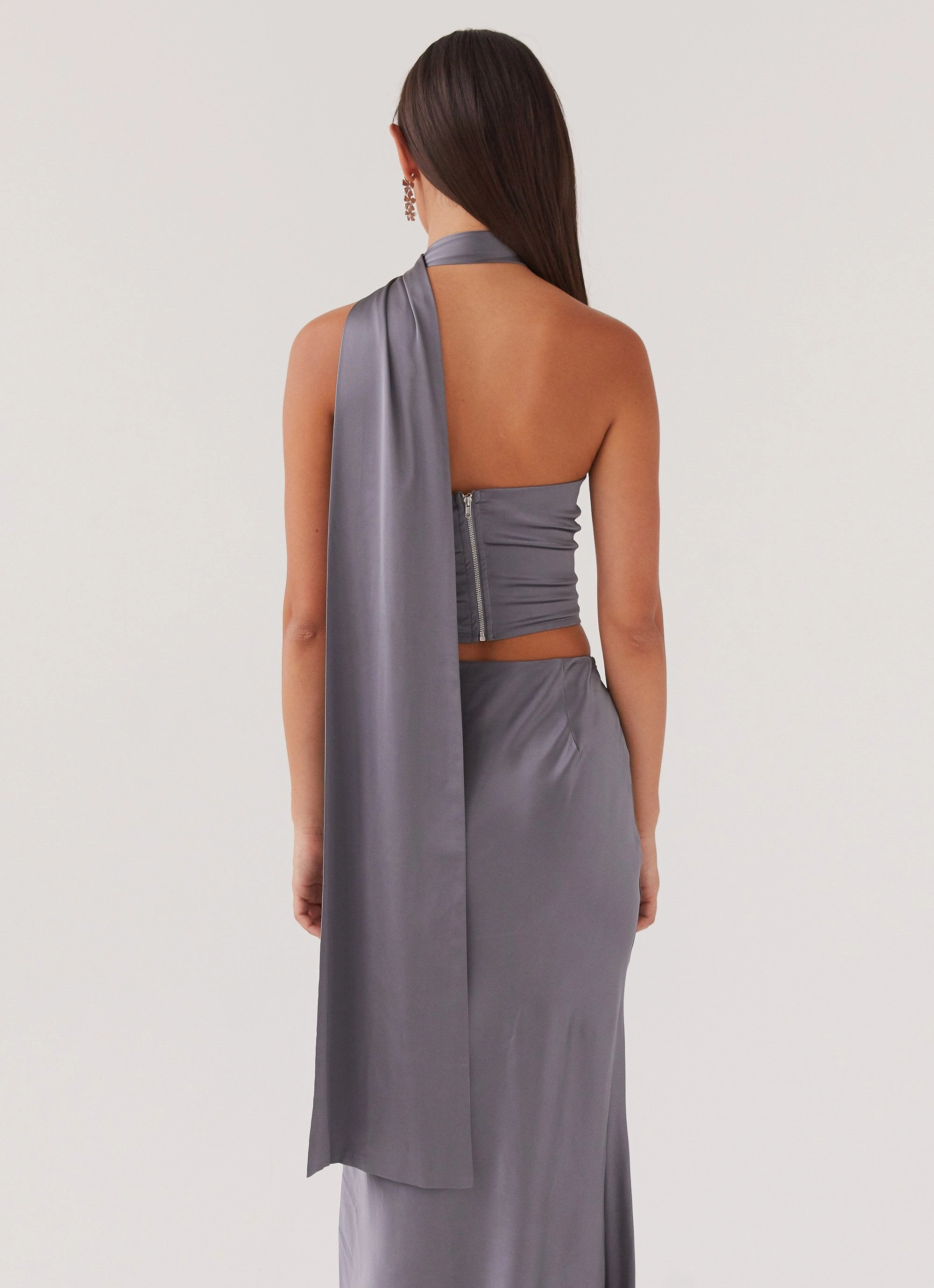 Josefina Satin Scarf Top - Slate RibbedTexture NonRestrictiveCut