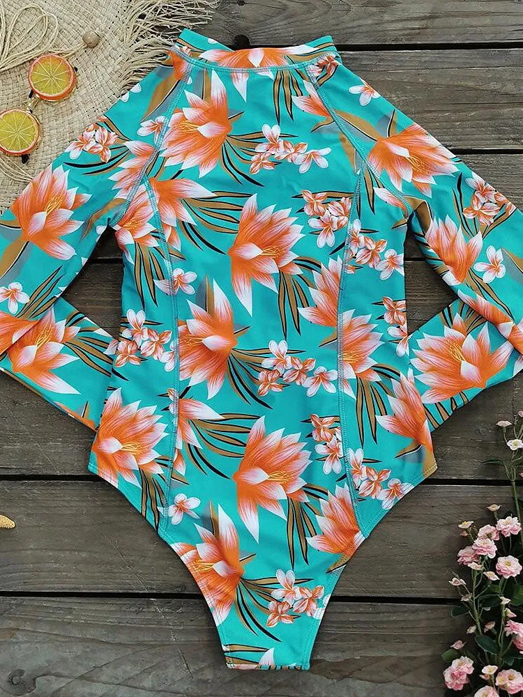 Leaf print long-sleeved one-piece front zipper surf suit swimsuit