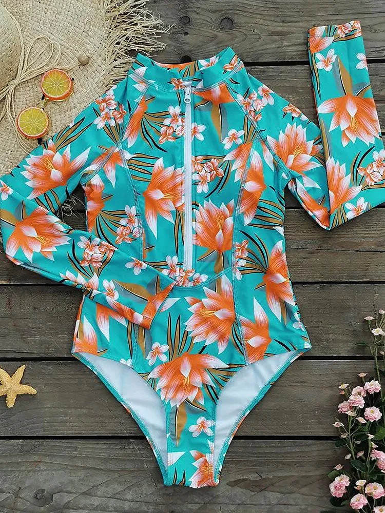 Leaf print long-sleeved one-piece front zipper surf suit swimsuit