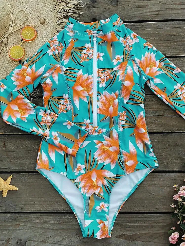 Leaf print long-sleeved one-piece front zipper surf suit swimsuit