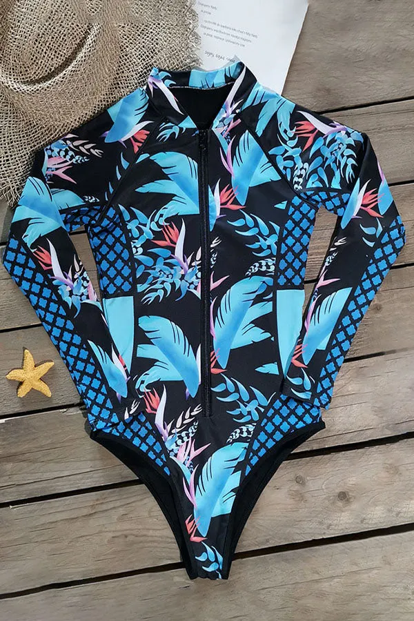 Leaf Printed Long Sleeve Half Zip UPF50  Rash Guard