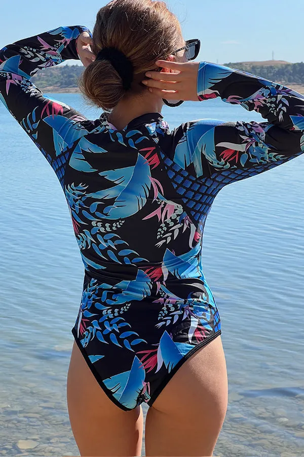 Leaf Printed Long Sleeve Half Zip UPF50  Rash Guard