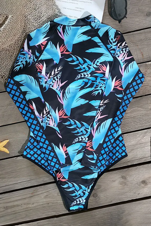 Leaf Printed Long Sleeve Half Zip UPF50  Rash Guard