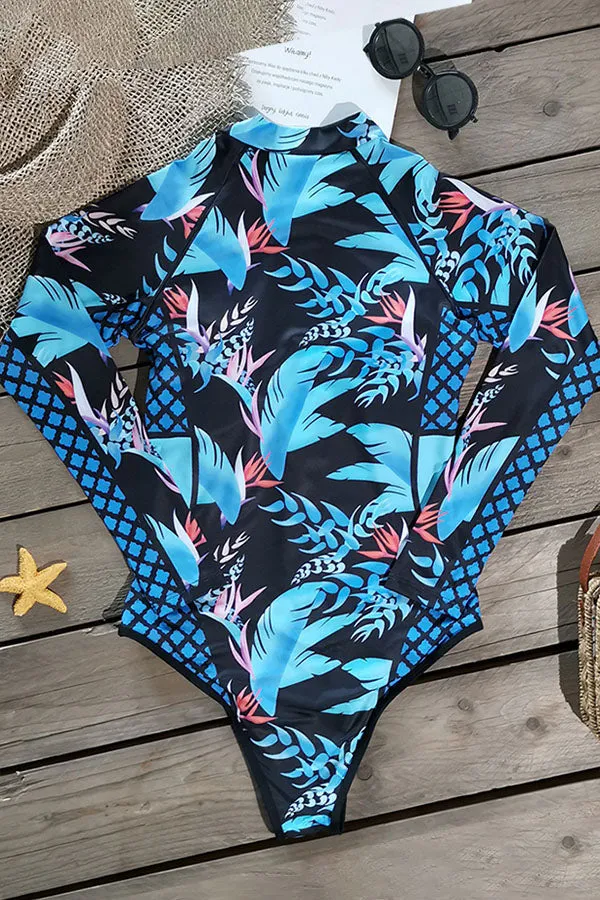 Leaf Printed Long Sleeve Half Zip UPF50  Rash Guard