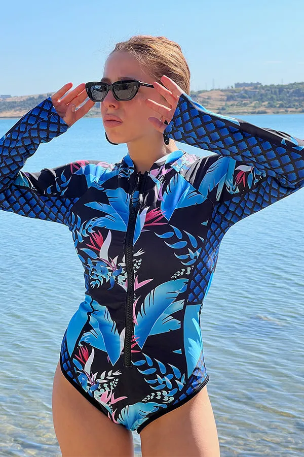 Leaf Printed Long Sleeve Half Zip UPF50  Rash Guard