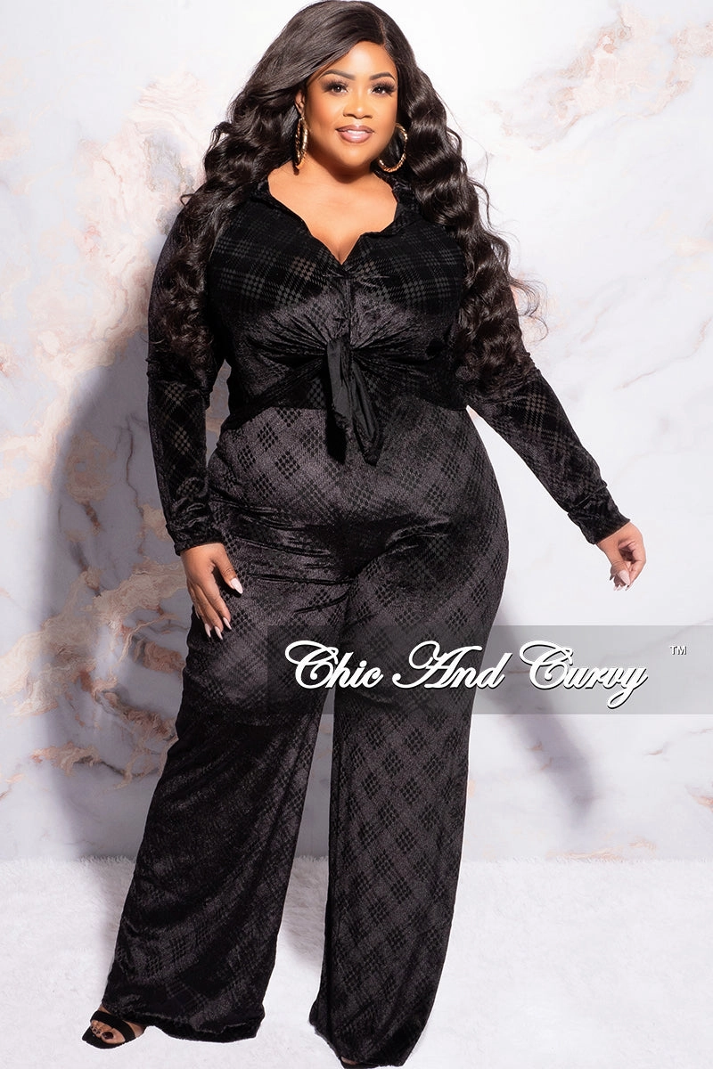 Final Sale Plus Size 2pc Velvet Crop Top and Pants Set in Black Soft Stretch Comfortable Layering