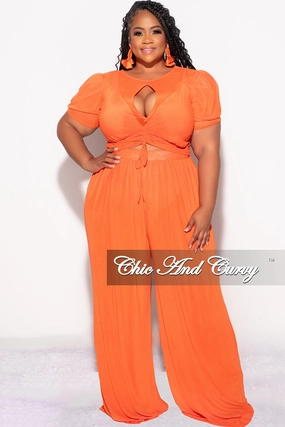 Final Sale Plus Size Mesh 3pc Set Top, Bralette, & Pant with Briefs in Orange No Ride Up Breathable mesh design