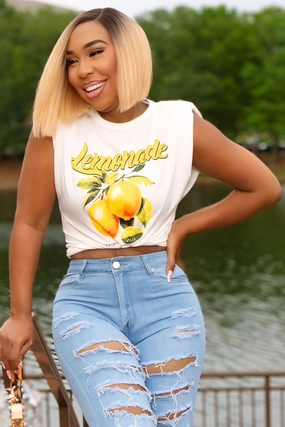 Tencel Cotton Hybrid Weave Hygroscopic Inner Layer Lemonade Graphic Print Shoulder Padded Shoulder Muscle T-Shirt