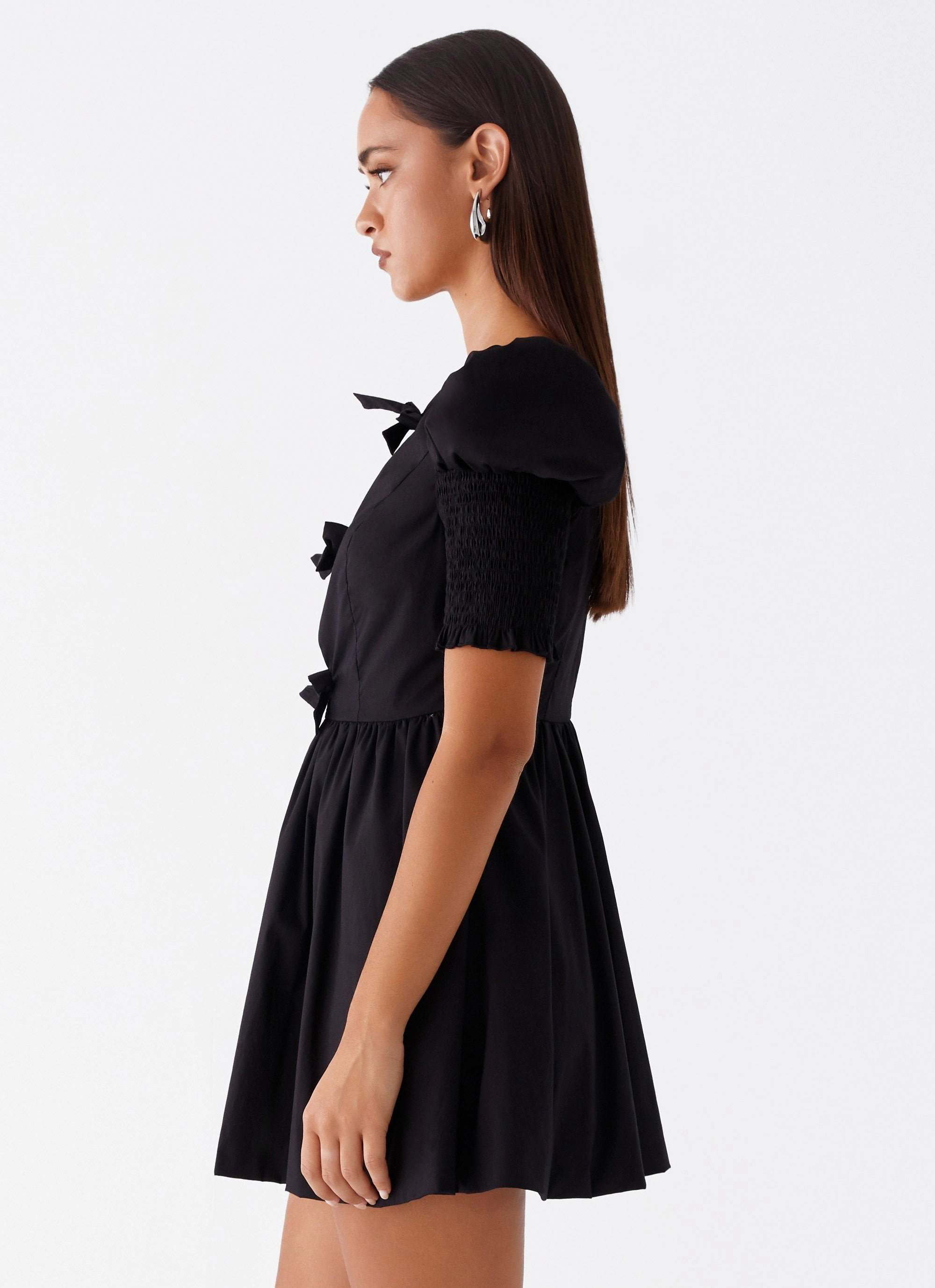 Leonie Tie Front Mini Dress - Black Slim Touch Semi Fit