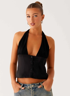 Lets Pretend Halterneck Top - Black Garment Dyed Finish AthleisureCompatible