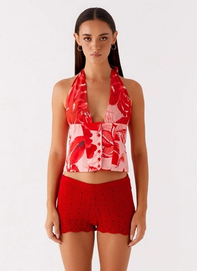 HighDurabilityWeave Formal Tank Lets Pretend Halterneck Top - Sicily Sunsets Print