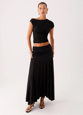 Liana Ruched Maxi Skirt - Black Stretch Comfort Design Quick Dry Technology