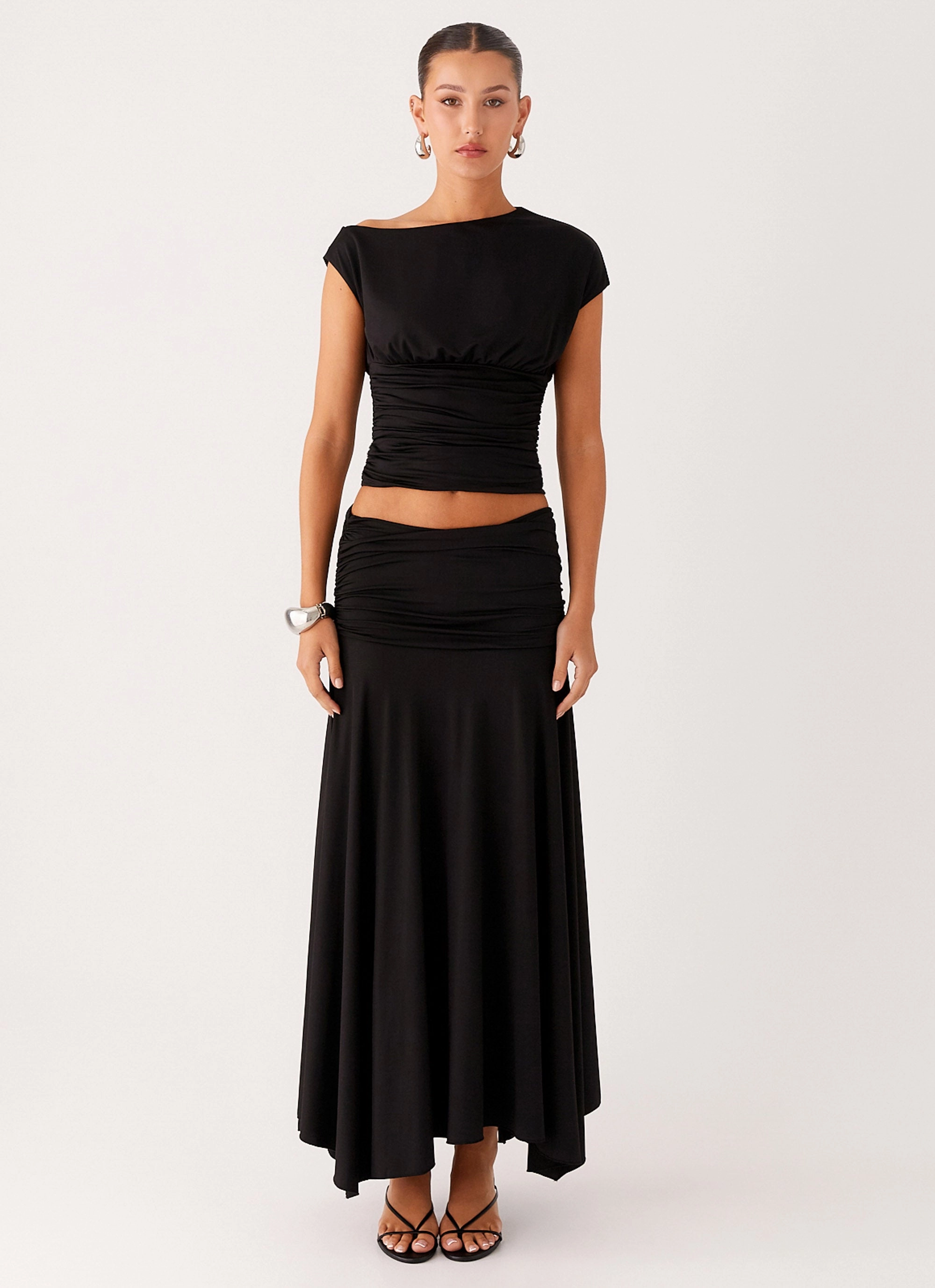 Durable Abrasion Resistant Laser Cut Airflow Vents Liana Ruched Maxi Skirt - Black