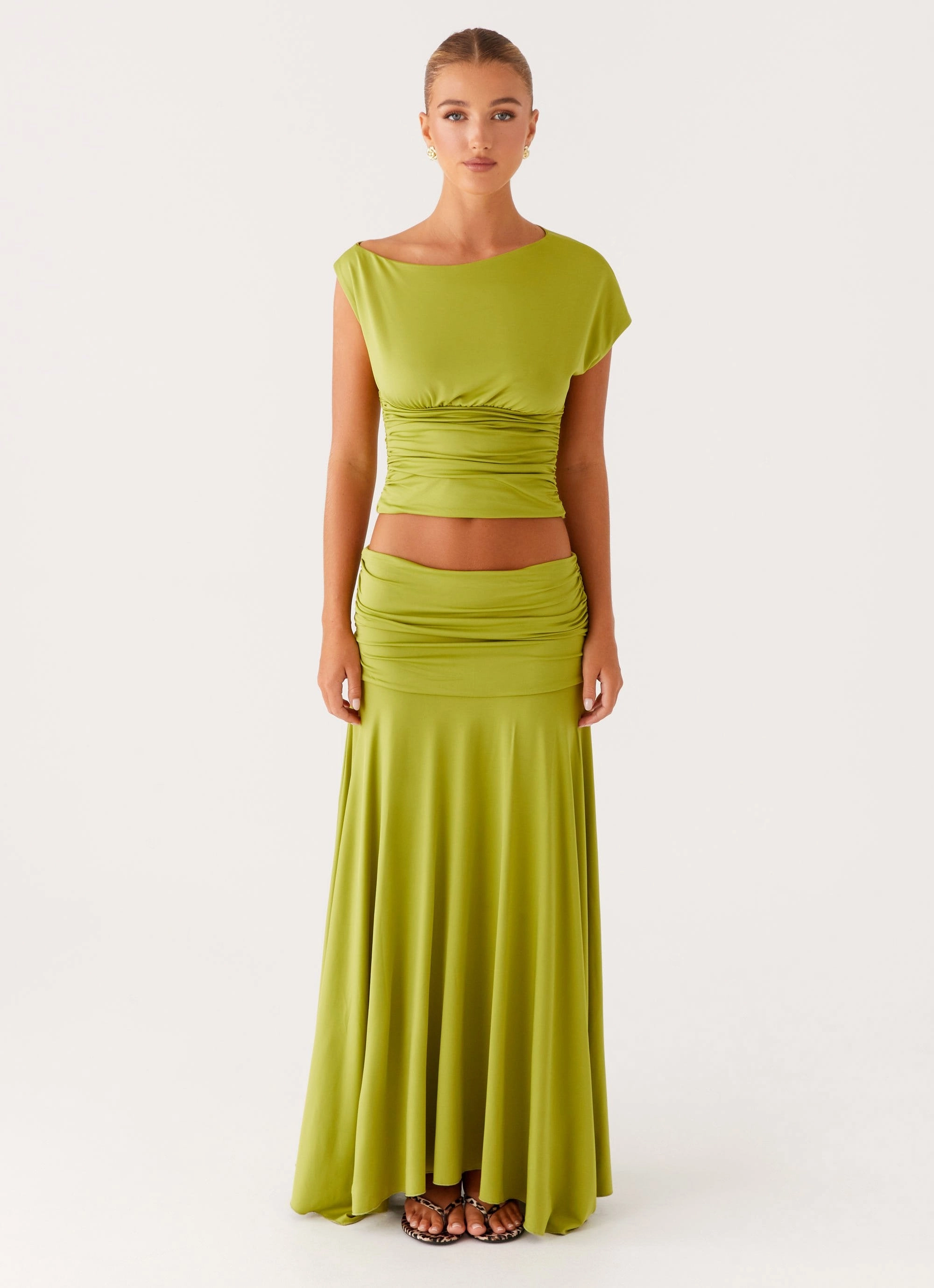 Non Irritating Tags Liana Ruched Maxi Skirt - Green