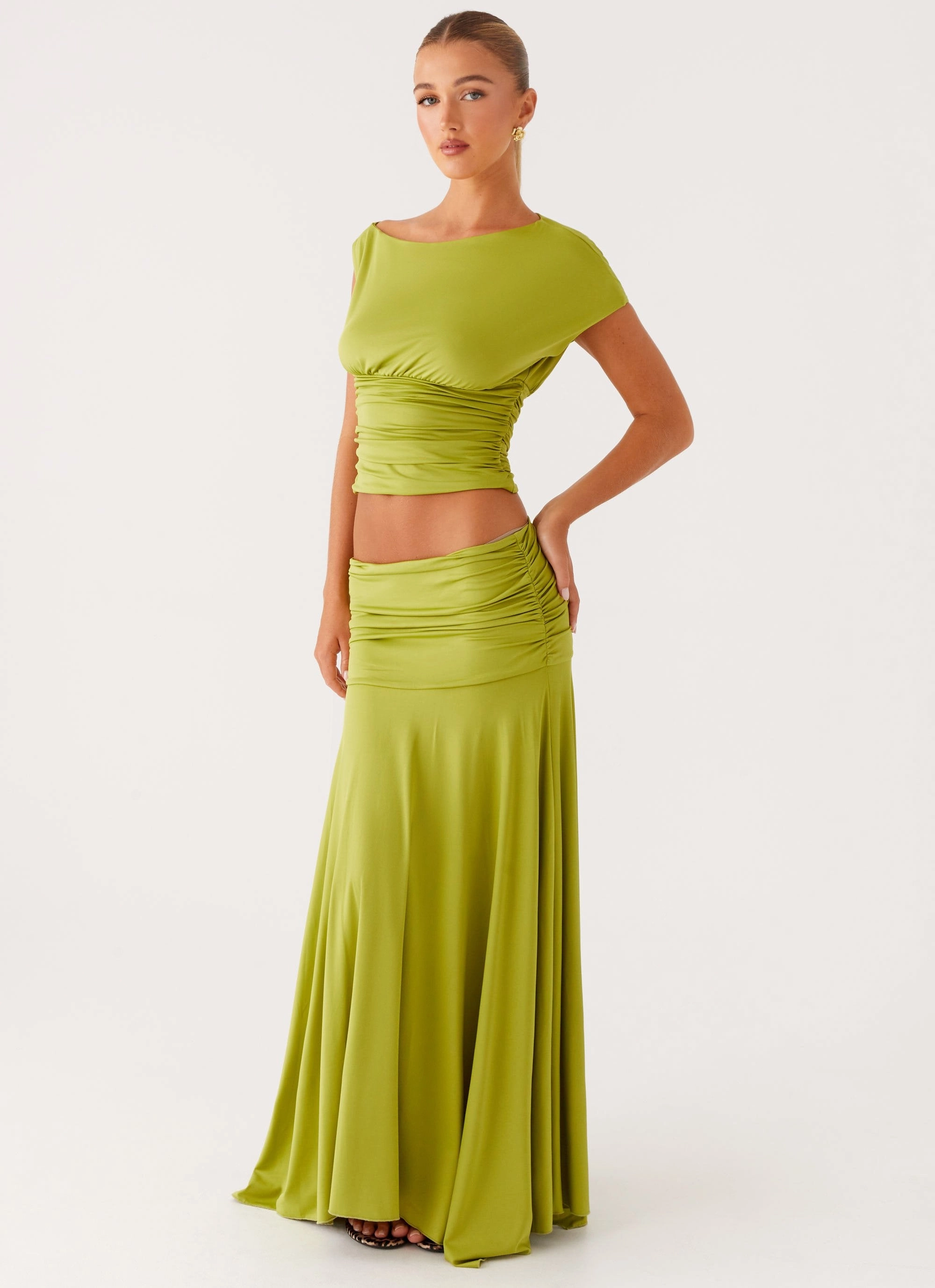 Liana Ruched Maxi Skirt - Green Comfy Style