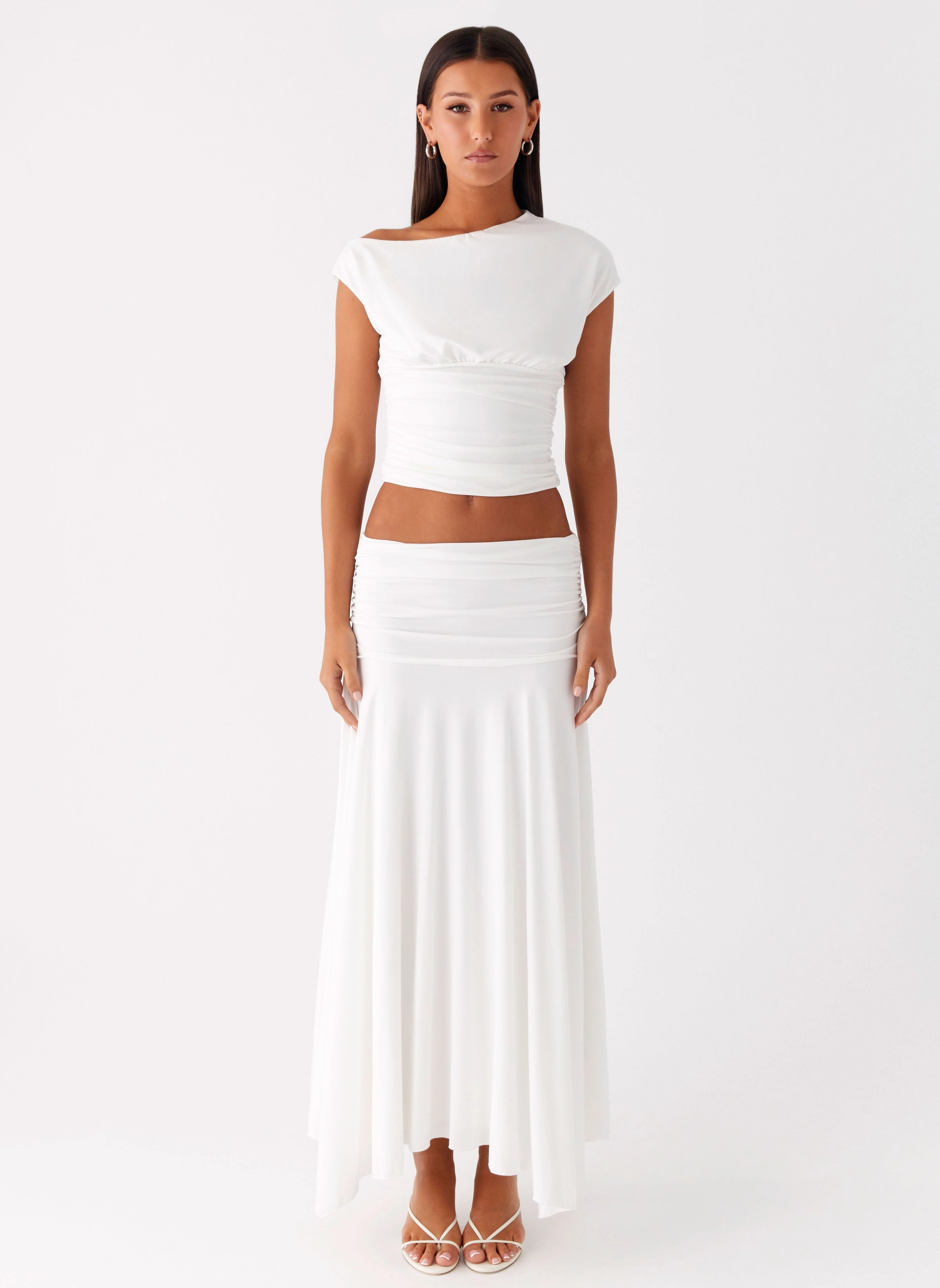 Liana Ruched Maxi Skirt - White Supportive Waistband Move Freely