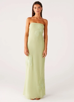 Sassafras Beaded Flower Strapless Maxi Dress - Lime Curve-Enhancing