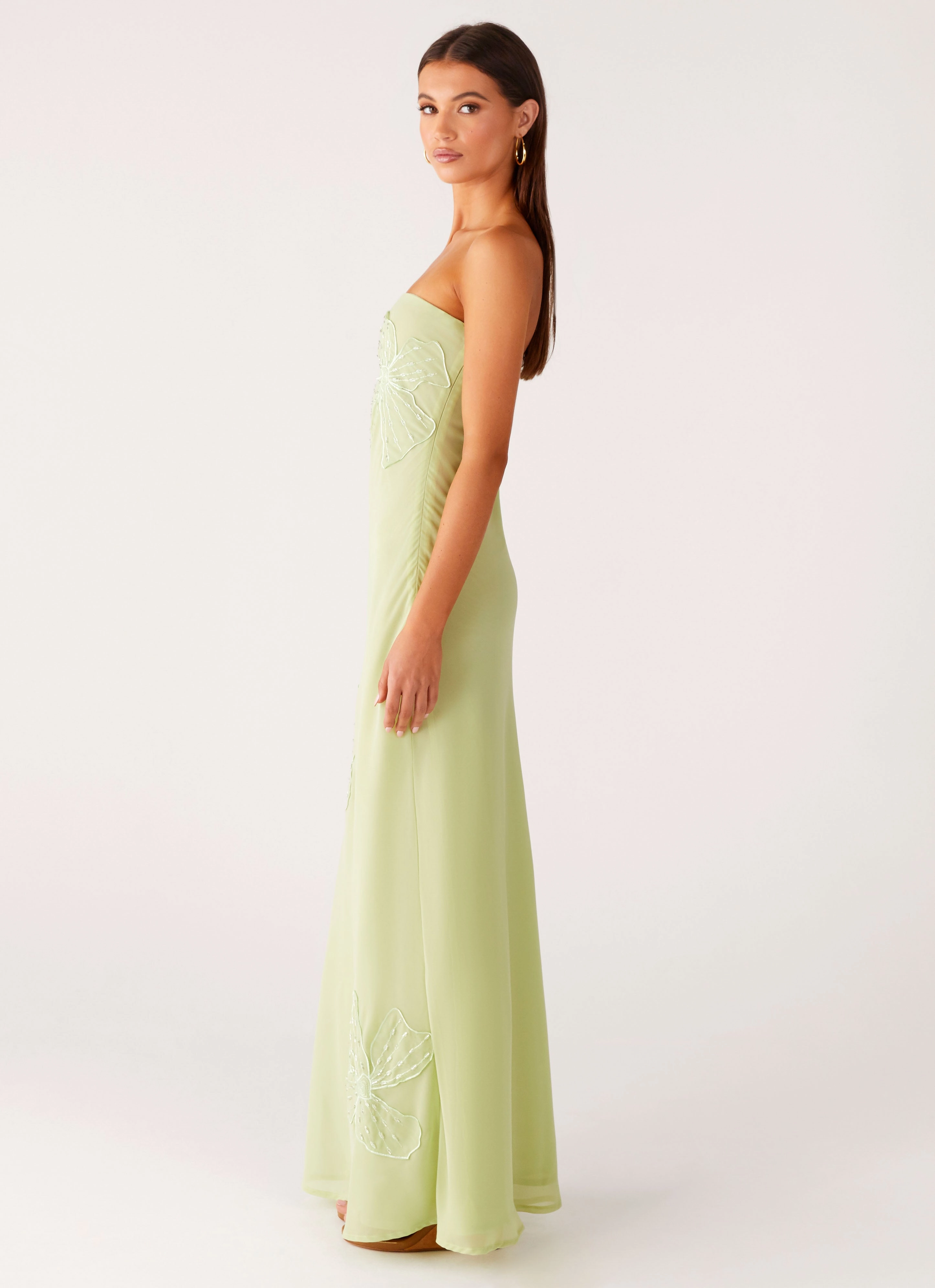 Sassafras Beaded Flower Strapless Maxi Dress - Lime Breezy Comfort