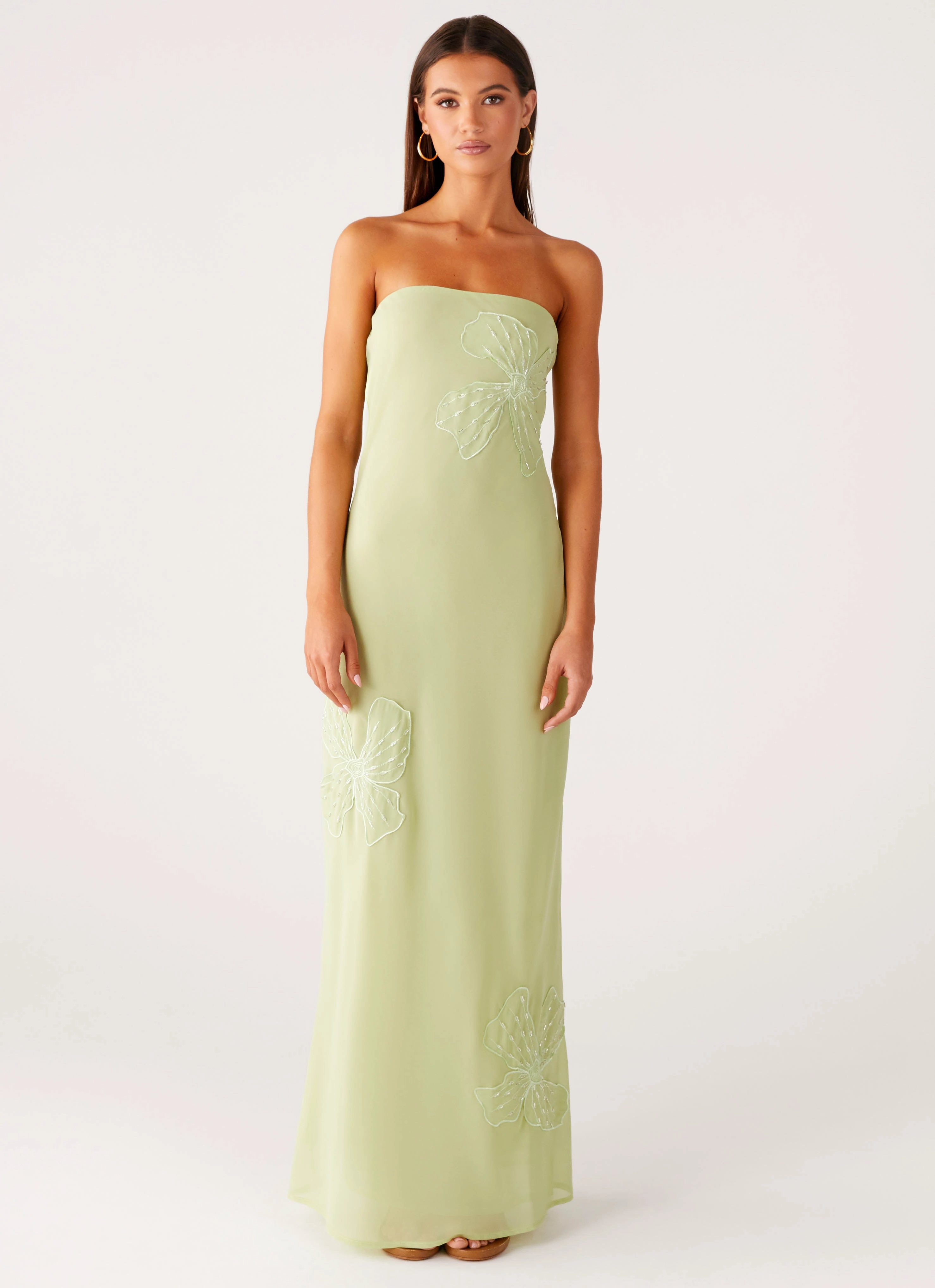 Sassafras Beaded Flower Strapless Maxi Dress - Lime Curve-Enhancing