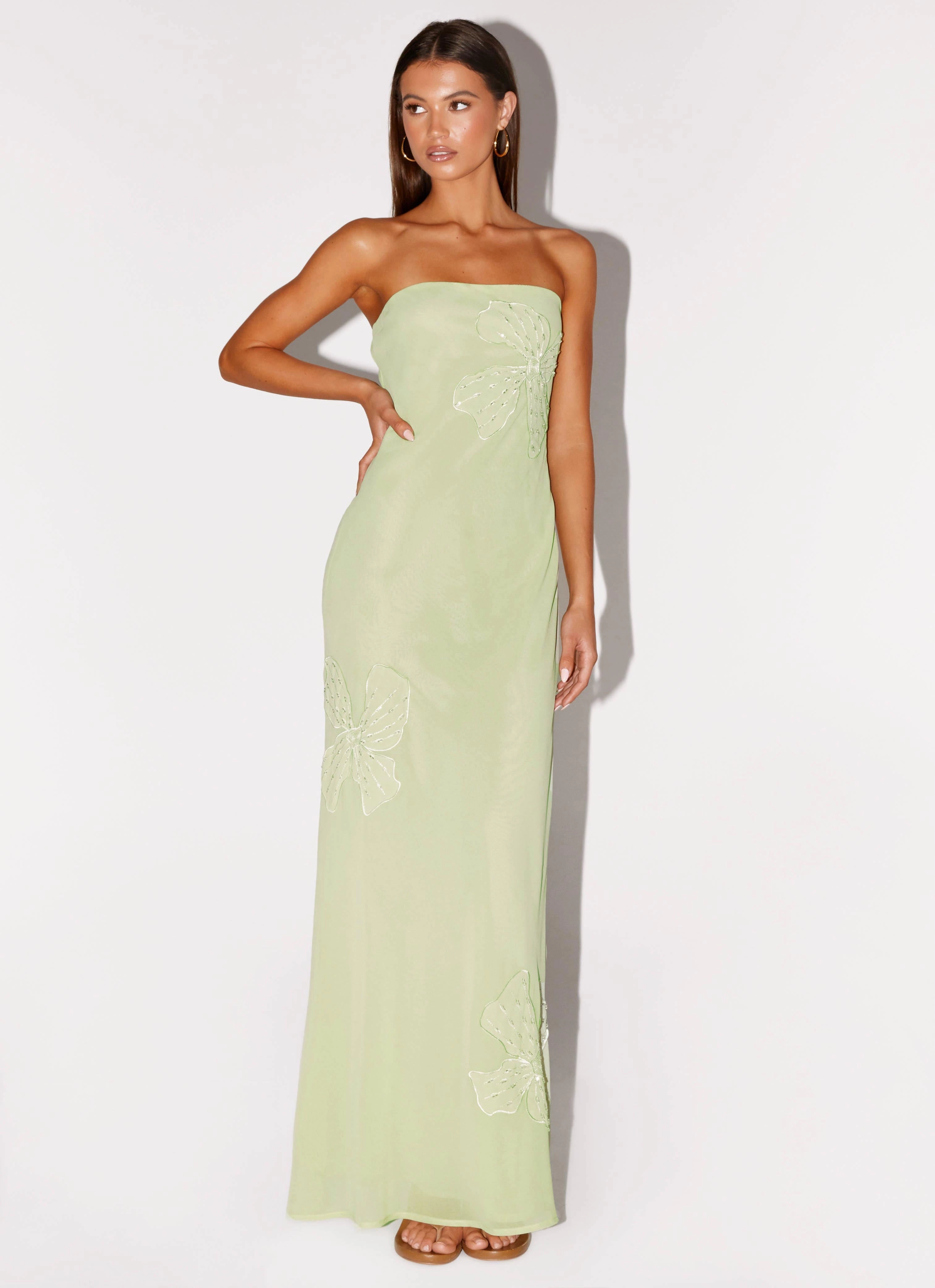 Sassafras Beaded Flower Strapless Maxi Dress - Lime Flare Hem