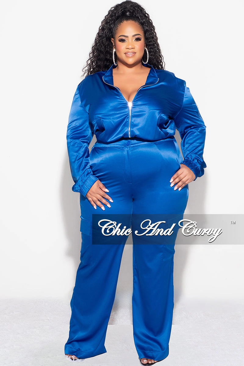 Light support Multipurpose Design Final Sale Plus Size 2pc Sleek Bomber Jacket and Pants Set in Royal Blue