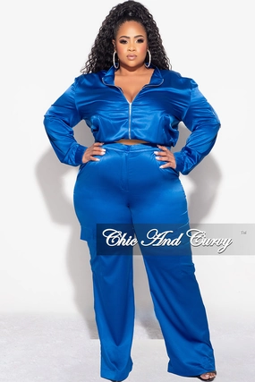 Unisex style Final Sale Plus Size 2pc Sleek Bomber Jacket and Pants Set in Royal Blue