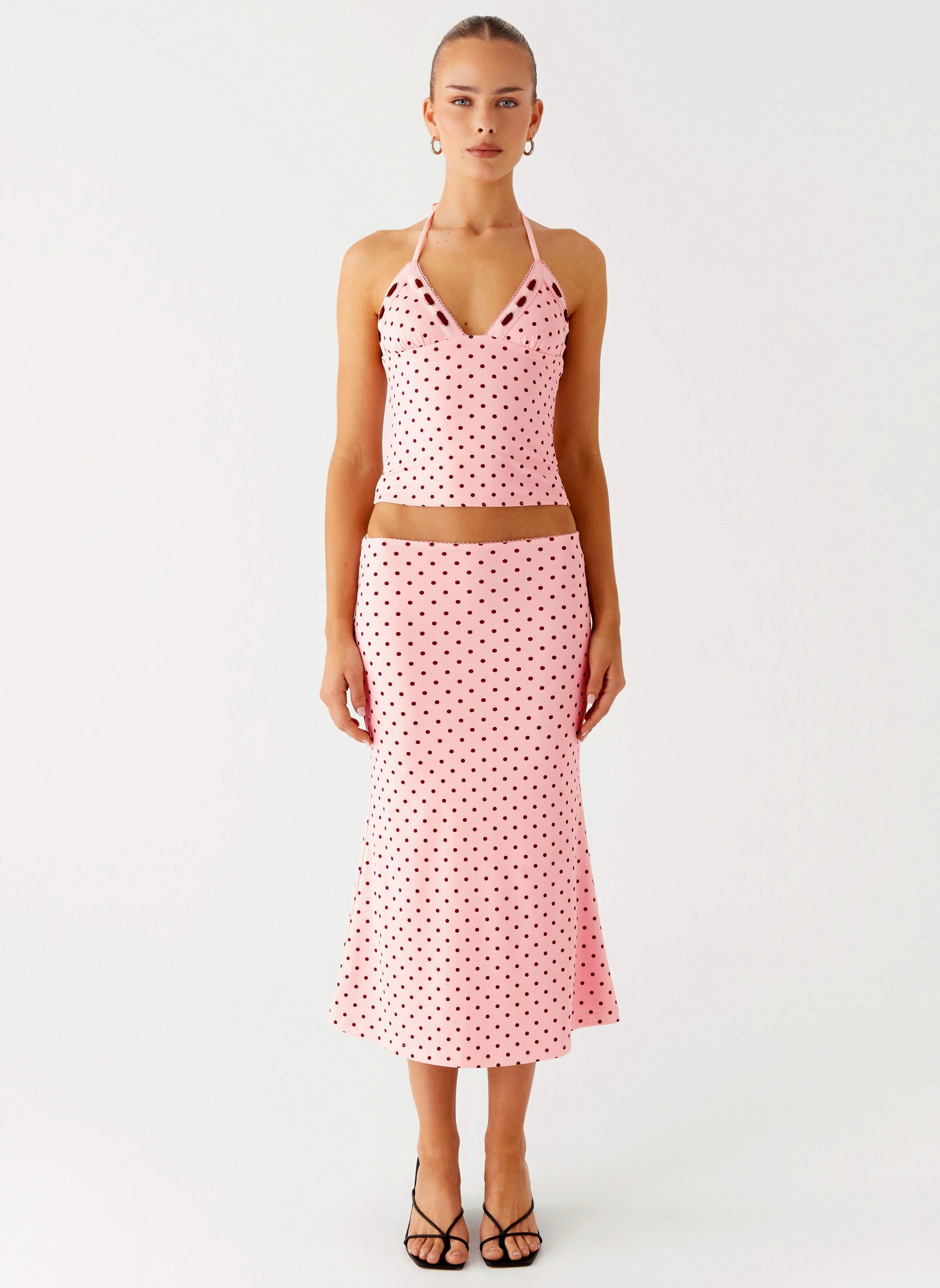 Reflective Trim Options Bahama Low Rise Midi Skirt - Strawberry Dot