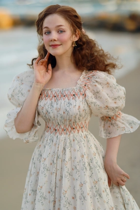 Cloud 21 | smocking embroidery linen dress Hip Friendly Pockets Fit Control
