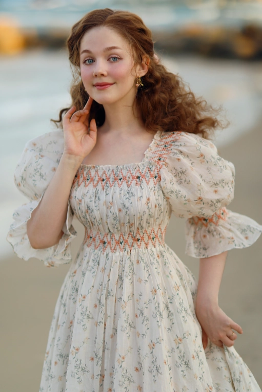 Cloud 21 | smocking embroidery linen dress Hip Friendly Pockets Fit Control