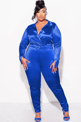 Final Sale Plus Size 2-Piece Satin Collared Faux Wrap Bodysuit and Pants Set in Royal Blue Comfy All-Day