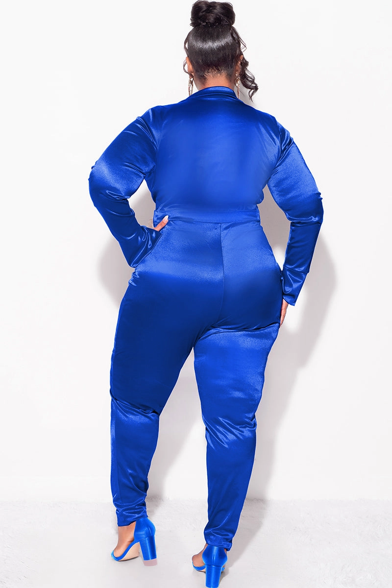Final Sale Plus Size 2-Piece Satin Collared Faux Wrap Bodysuit and Pants Set in Royal Blue Minimal Cut