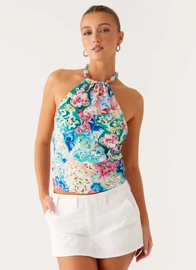 Dalila Beaded Tie Back Top - Santorini Floral AdjustableNeckline