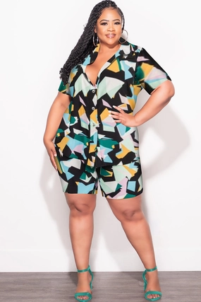 Final Sale Plus Size 2pc Collar Button Up Top and Shorts Set in Mint Multi Color Print DurablePolyester