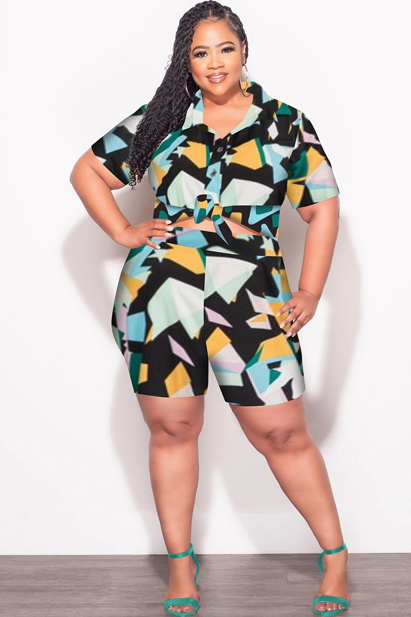 Final Sale Plus Size 2pc Collar Button Up Top and Shorts Set in Mint Multi Color Print On The Go Indoor Comfort