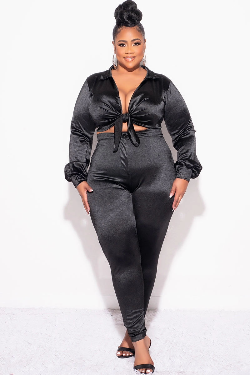 Cooling Fabric Stretch Motion Final Sale Plus Size 2pc Shiny Satin Collared Crop Tie Top and Pants Set in Black