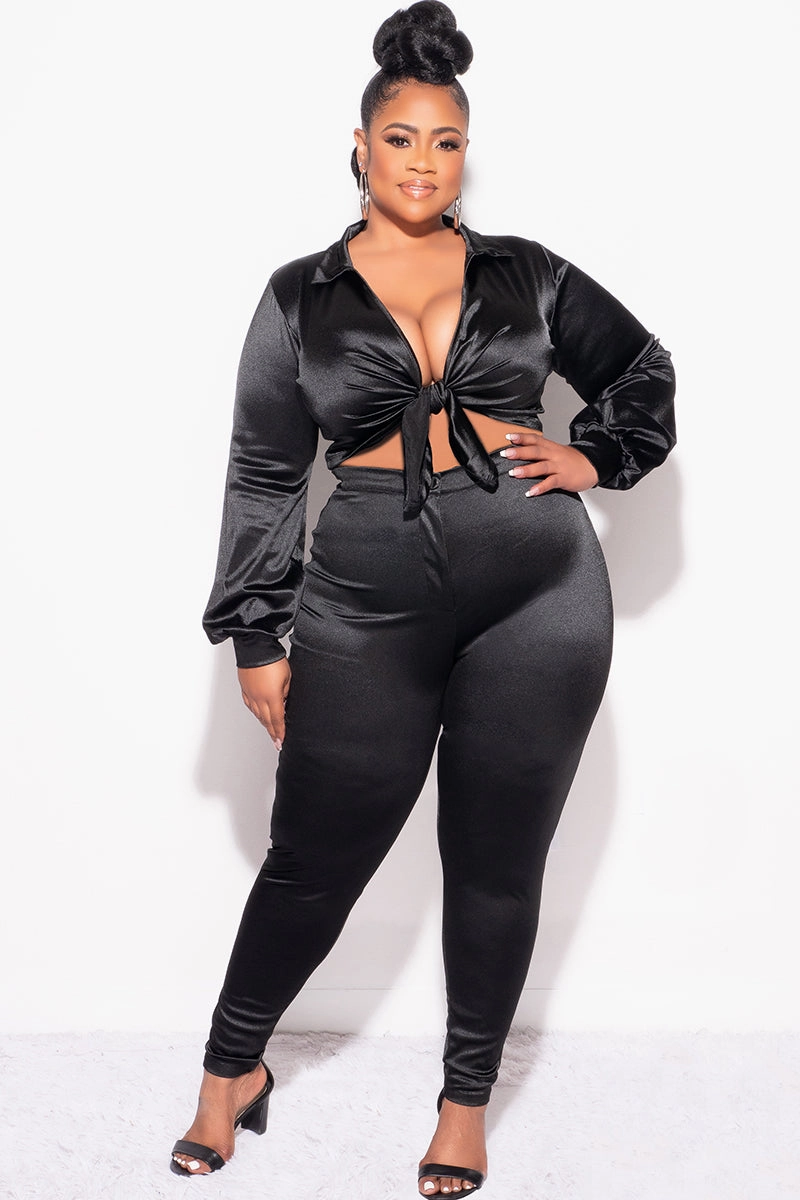Final Sale Plus Size 2pc Shiny Satin Collared Crop Tie Top and Pants Set in Black Pull-on style Wide fit