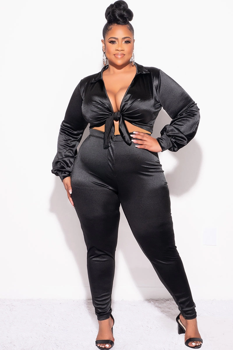 Adaptive Fit Final Sale Plus Size 2pc Shiny Satin Collared Crop Tie Top and Pants Set in Black
