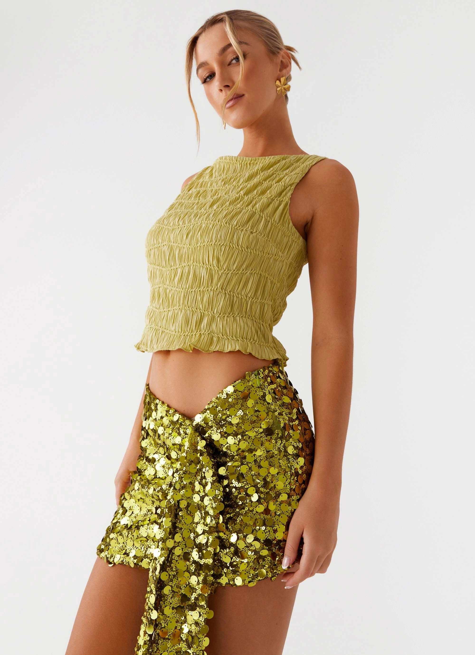 Lights On Sequin Mini Skirt - Olive Tight Cut No Ride-Up