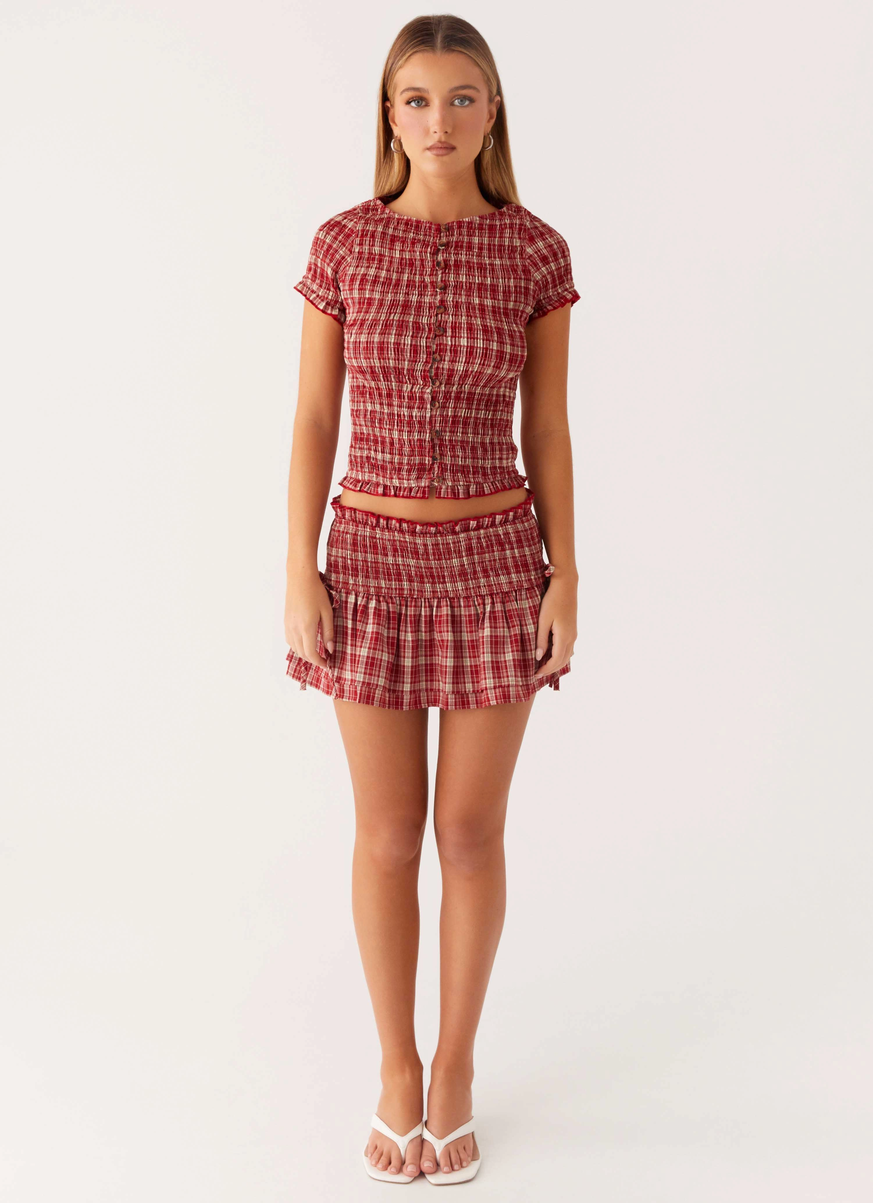 Lenore Mini Skirt - Ruby Check Practical Fit Flattering Cut