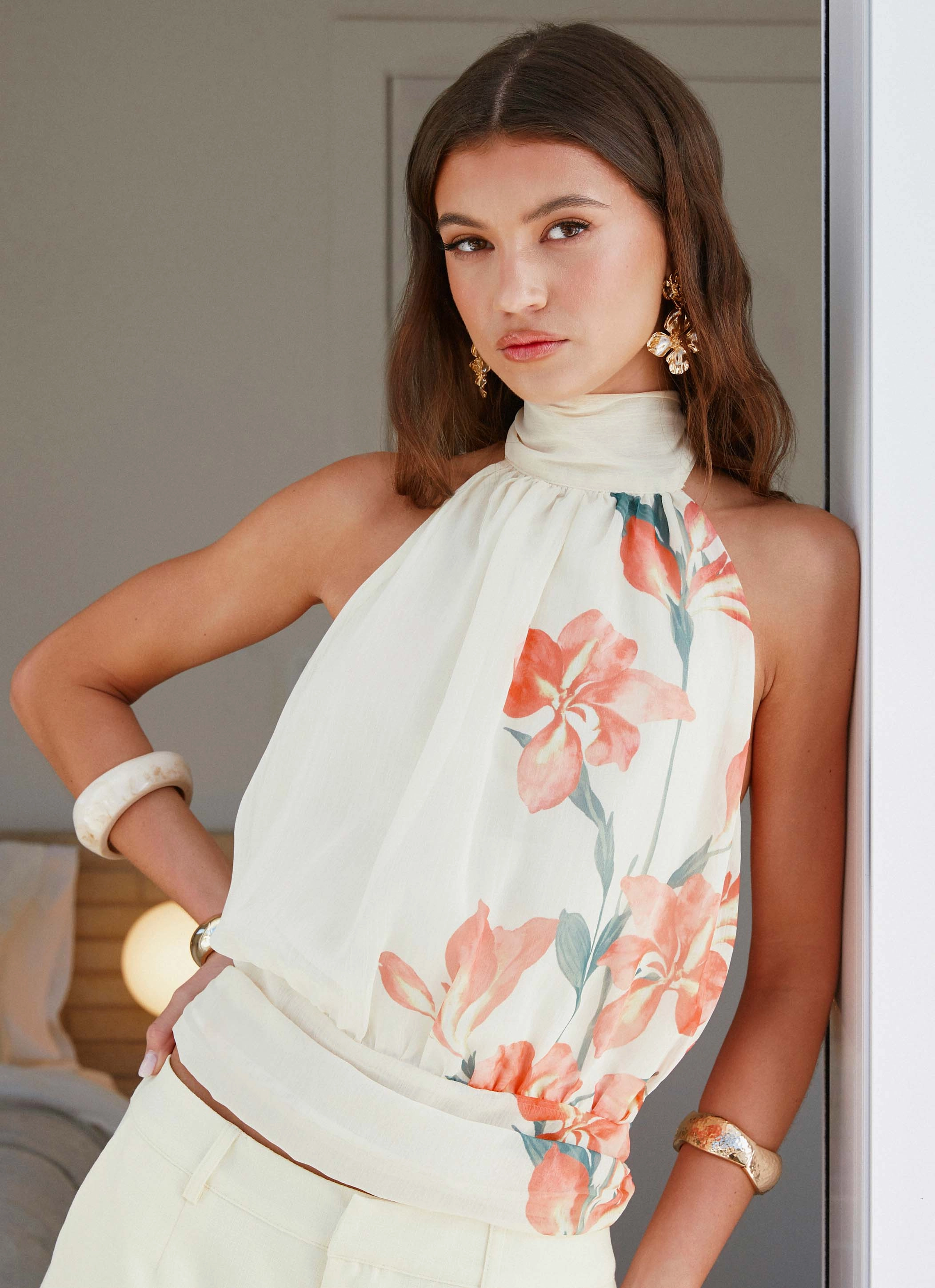 Romelia Halter Top - Siena Floral WrinkleResistantWeave