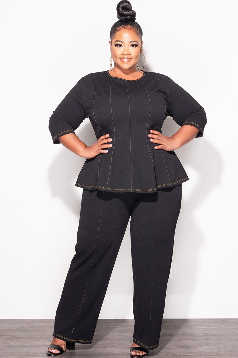 Final Sale Plus Size 2pc Peplum Top with 3/4 Sleeves and Pants Set in Black Slim Fit Wear Slim Silhouette