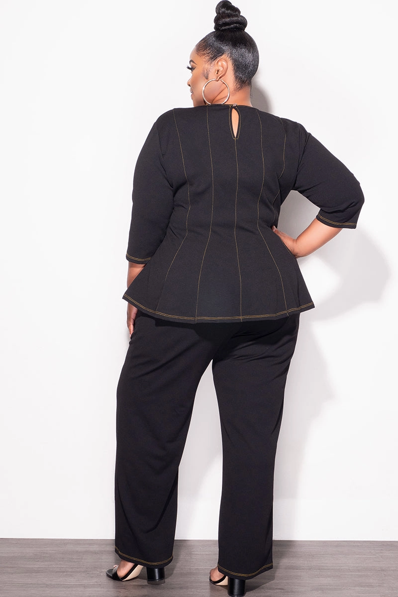 Final Sale Plus Size 2pc Peplum Top with 3/4 Sleeves and Pants Set in Black Minimal Cut
