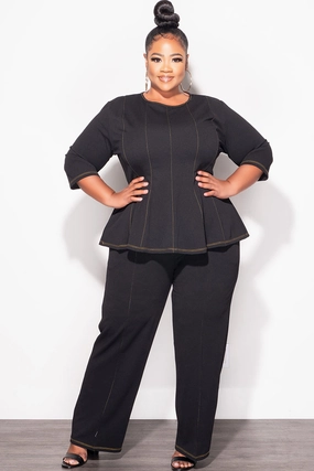 Final Sale Plus Size 2pc Peplum Top with 3/4 Sleeves and Pants Set in Black Slim Fit Wear Slim Silhouette