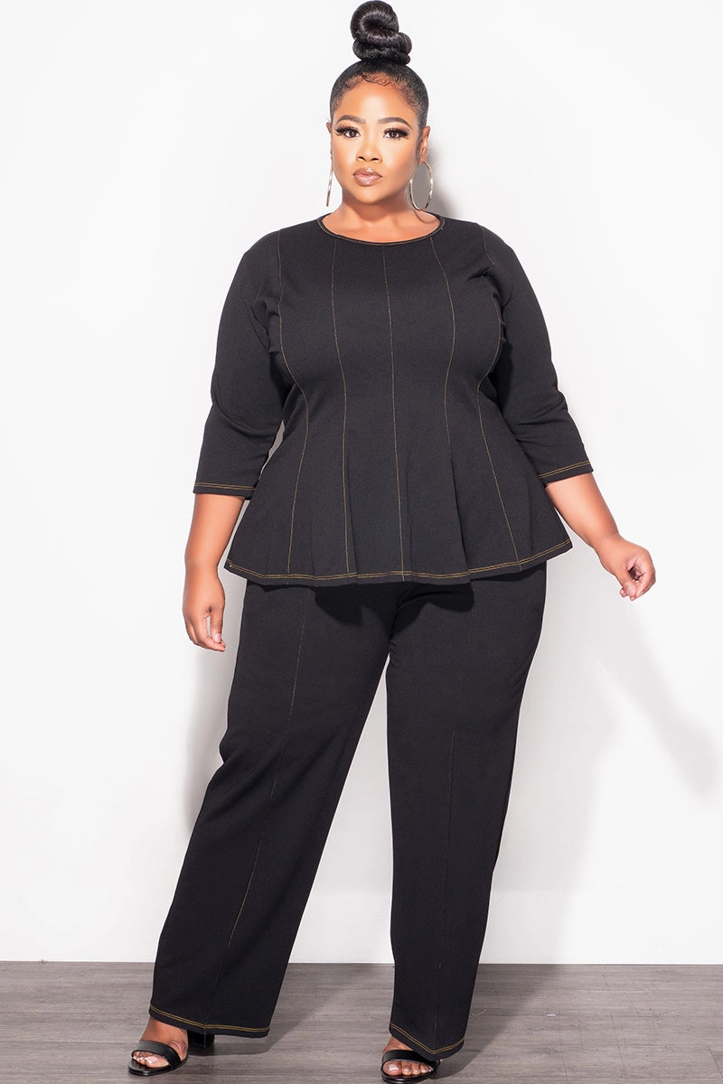Chilly Weather Everyday Comfort Fit Final Sale Plus Size 2pc Peplum Top with 3/4 Sleeves and Pants Set in Black