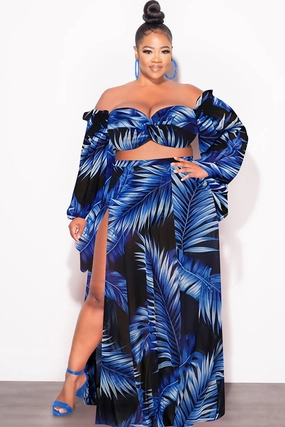 Non Binding Waist Final Sale Plus Size 3pc Playsuit Set in Royal Blue Tropical Palm Print