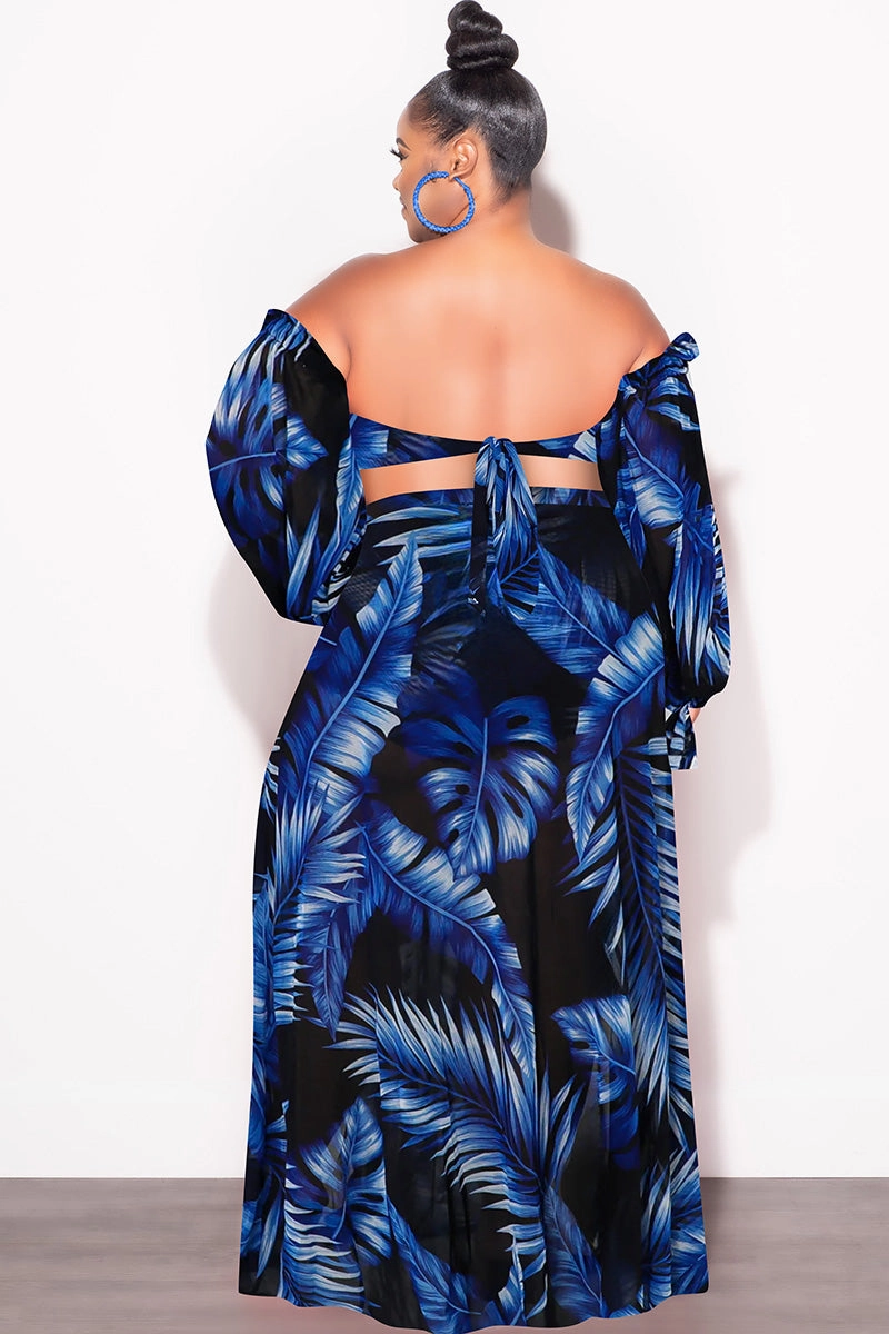 Final Sale Plus Size 3pc Playsuit Set in Royal Blue Tropical Palm Print Essential Fit