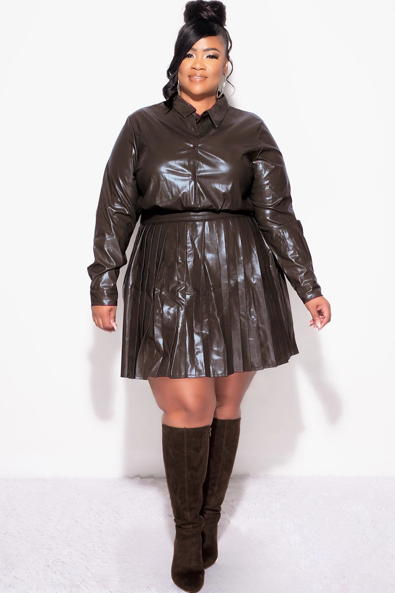 Neutral Style Chill Comfort Wear Final Sale Plus Size 2Pc Set Button Up Top With Pleated Skirt in Chocolate Brown