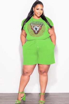 Layer-Friendly Functional Stretch Final Sale Plus Size 2pc Bling Rhinestone Graphic Top and Short Set Set In Green